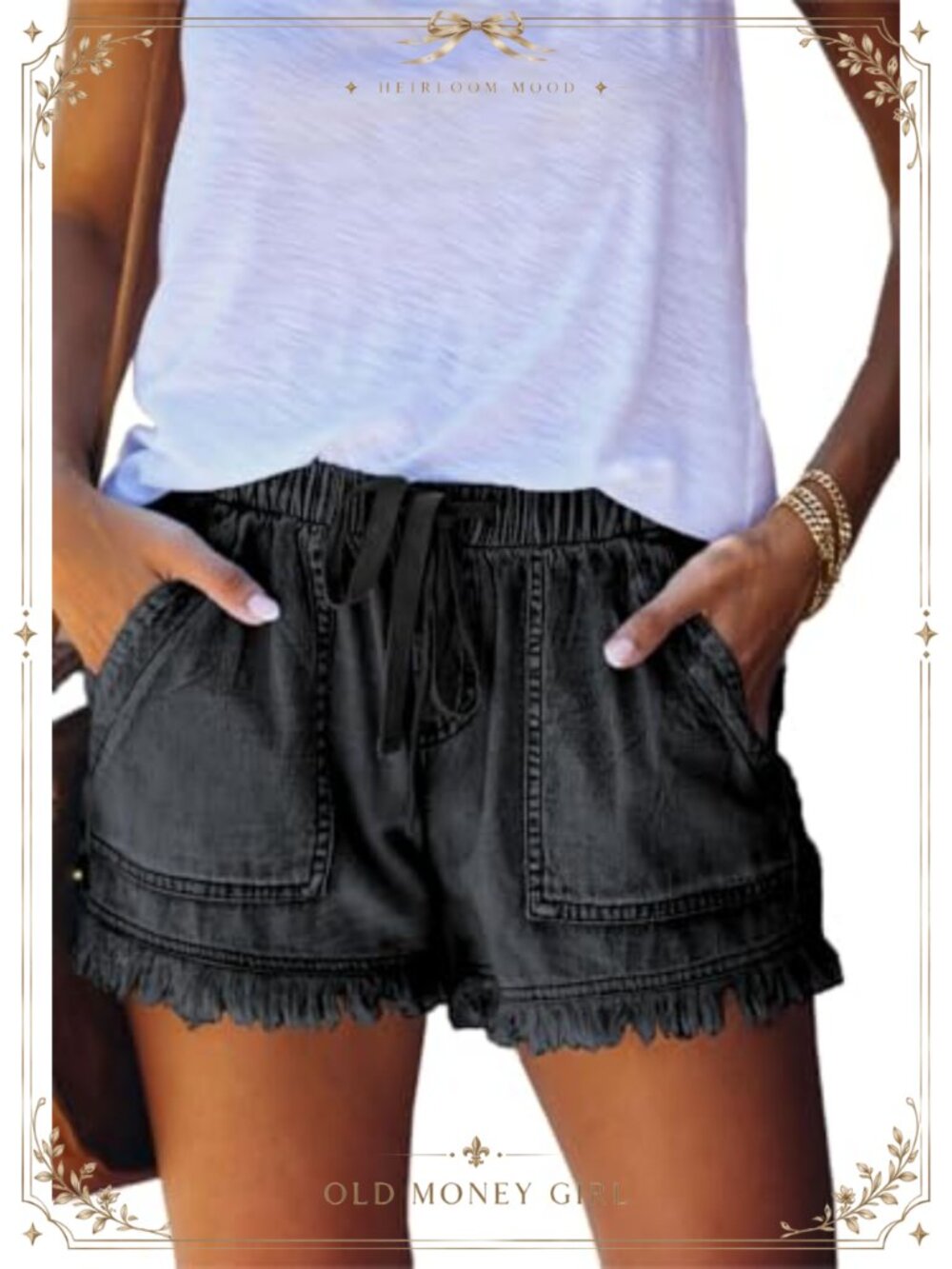 Womens Drawstring Elastic Waist Jean Shorts Cotton Blend Raw Edge Hem